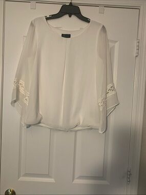 AB Studio Ivory Chiffon Blouson Top with Lace Sleeve Accents